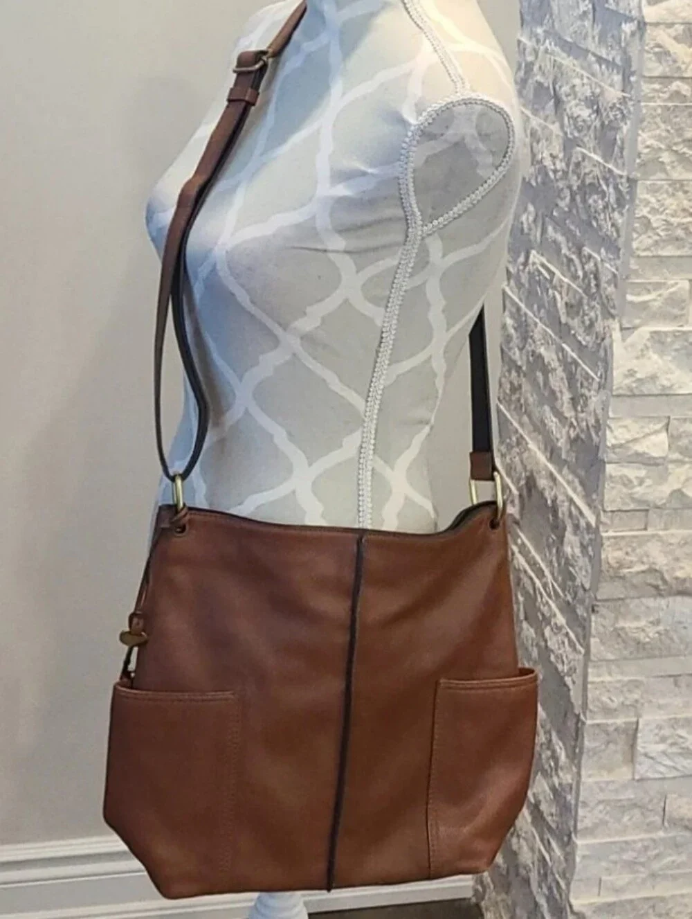 Vtg Fossil BROWN Handbag (14x12x4) Leather Satchel Saddle Bucket Purse